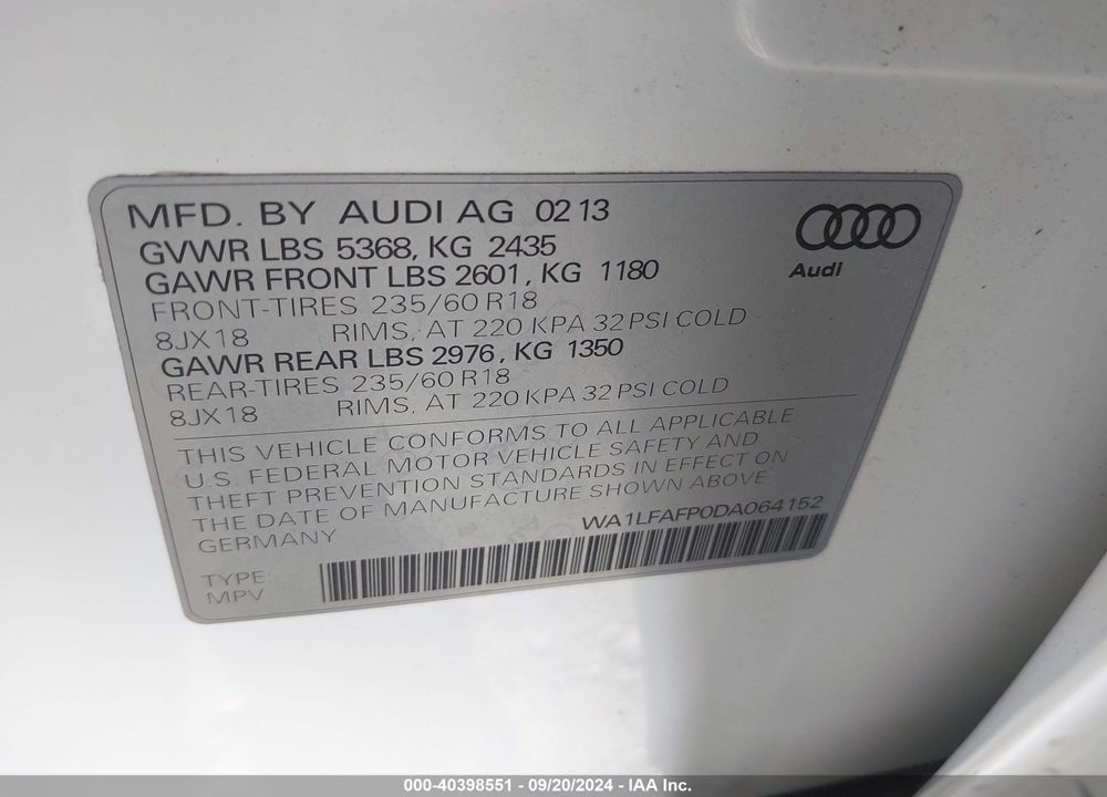 2013 AUDI Q5 2.0T PREMIUM VIN: WA1LFAFP0DA064152