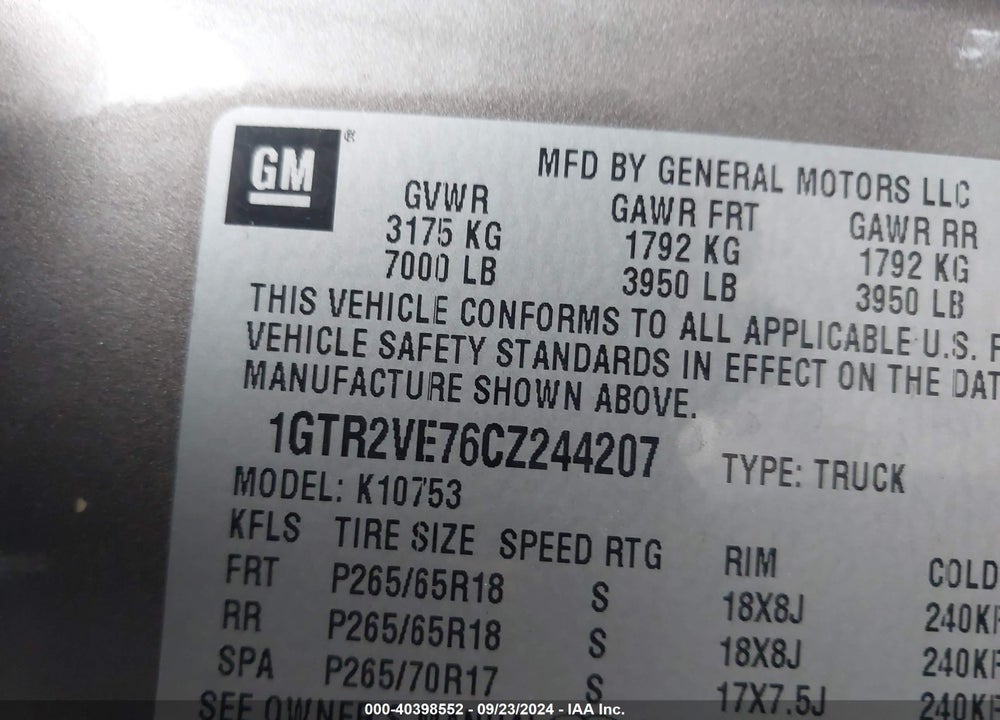 2012 GMC SIERRA 1500 VIN: 1GTR2VE76CZ244207