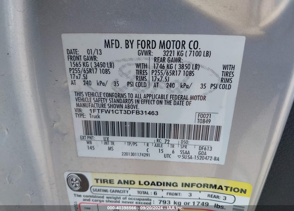 2013 FORD F-150 XLT VIN: 1FTFW1CT3DFB31463