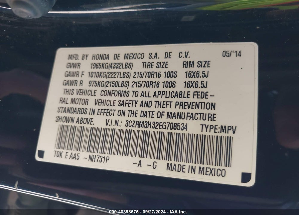 2014 HONDA CR-V LX VIN: 3CZRM3H32EG708534