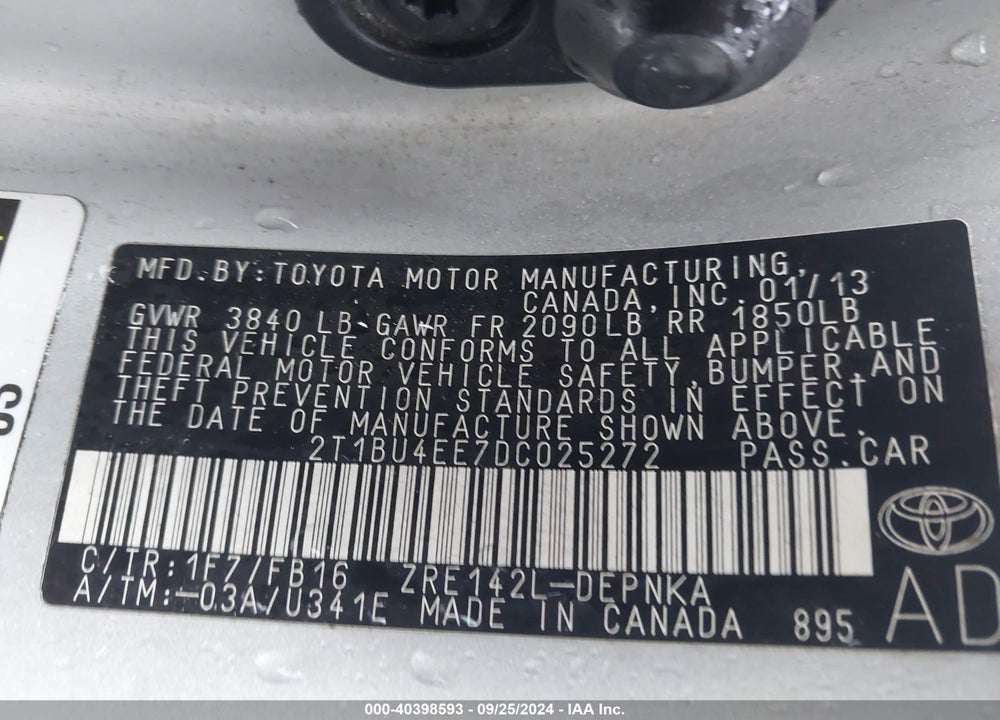 2013 TOYOTA COROLLA LE VIN: 2T1BU4EE7DC025272