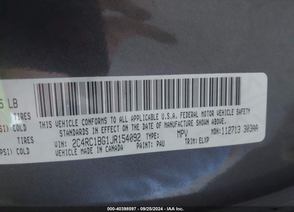 2018 CHRYSLER PACIFICA TOURING L VIN: 2C4RC1BG1JR154092