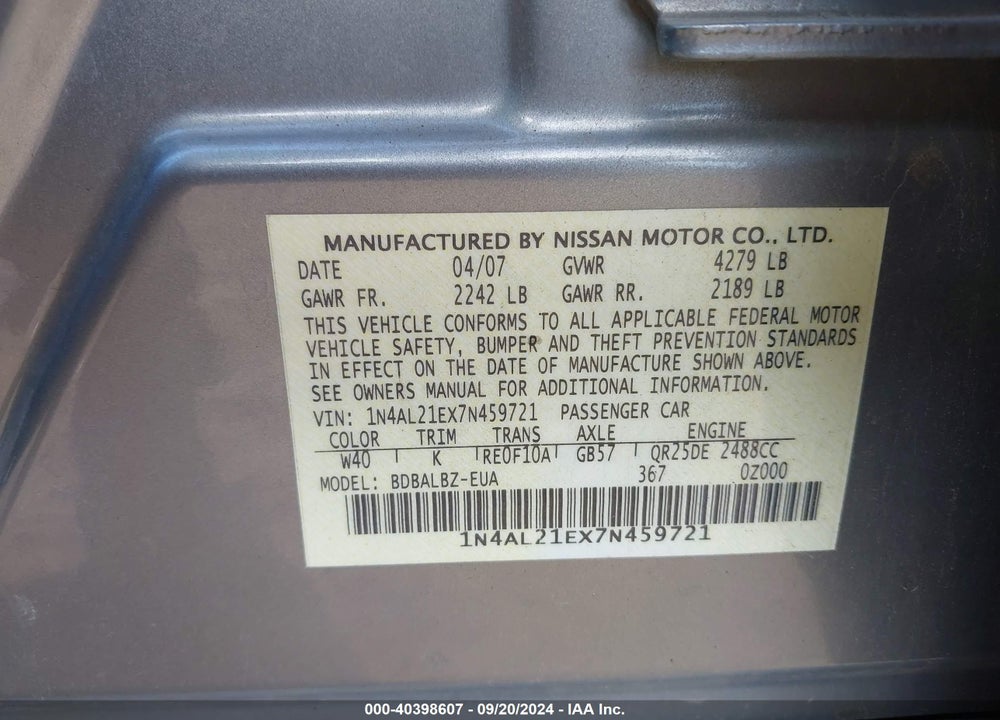 2007 NISSAN ALTIMA 2.5 S VIN: 1N4AL21EX7N459721