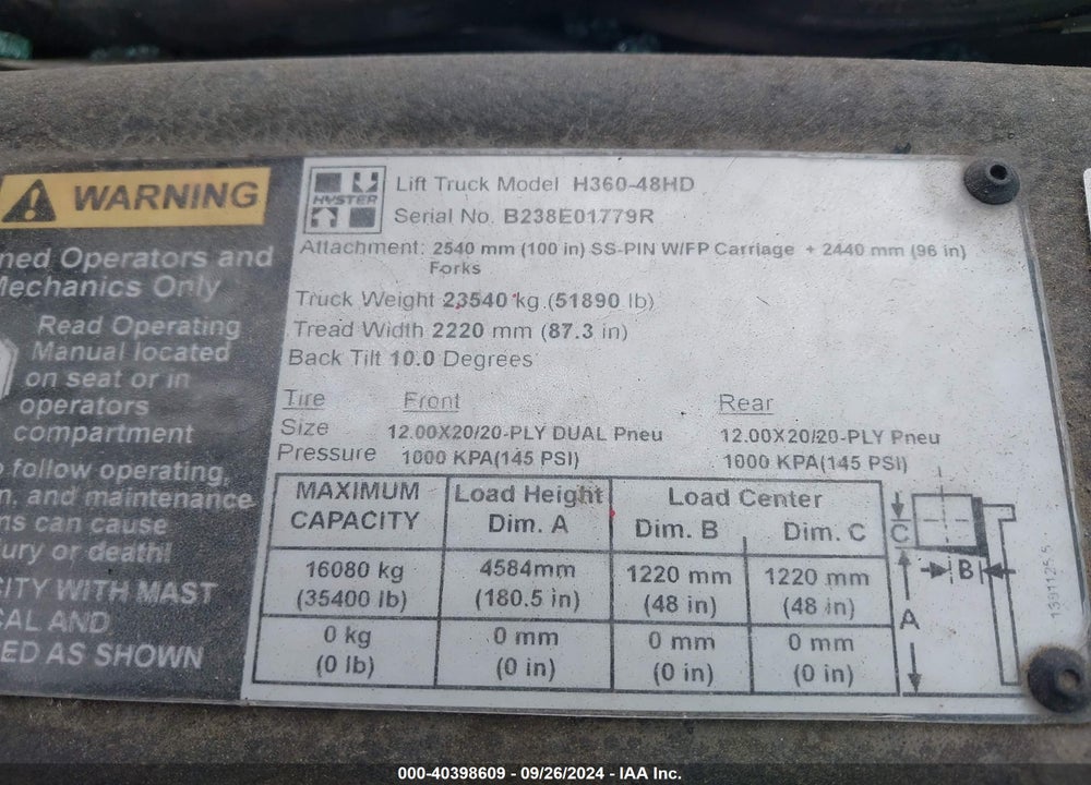 2018 HYSTER H360-48 HD VIN: B238E01779R