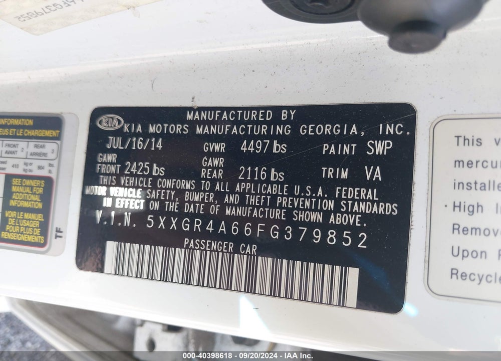 2015 KIA OPTIMA SXL TURBO VIN: 5XXGR4A66FG379852