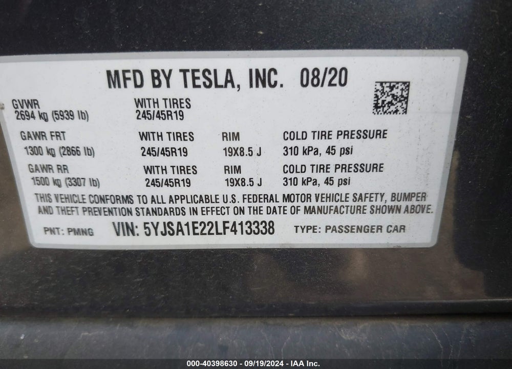 2020 TESLA MODEL S LONG RANGE DUAL MOTOR ALL-WHEEL DRIVE/LONG RANGE PLUS DUAL MOTOR ALL-WHEEL DRIVE VIN: 5YJSA1E22LF413338