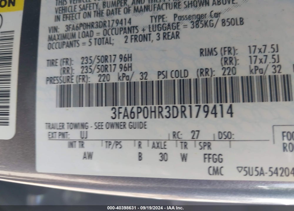 2013 FORD FUSION SE VIN: 3FA6P0HR3DR179414