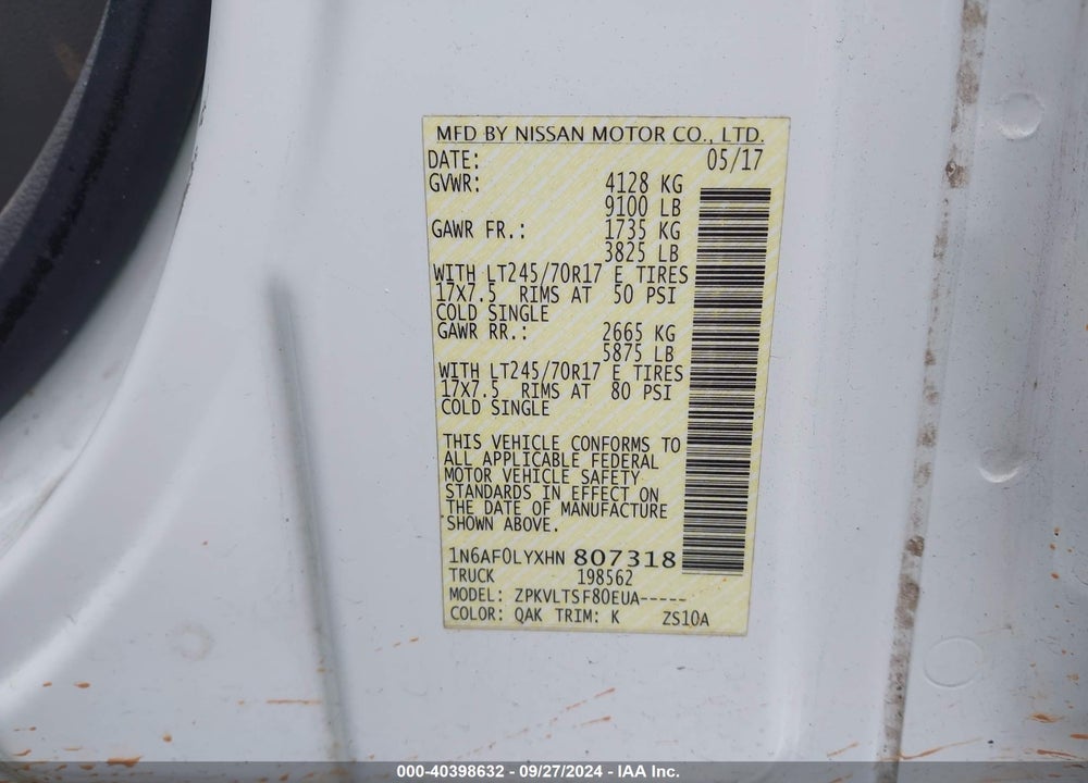 2017 NISSAN NV CARGO NV2500 HD SV V8 VIN: 1N6AF0LYXHN807318