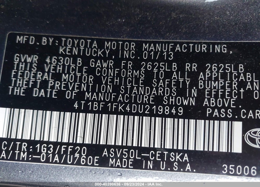 2013 TOYOTA CAMRY SE VIN: 4T1BF1FK4DU219849