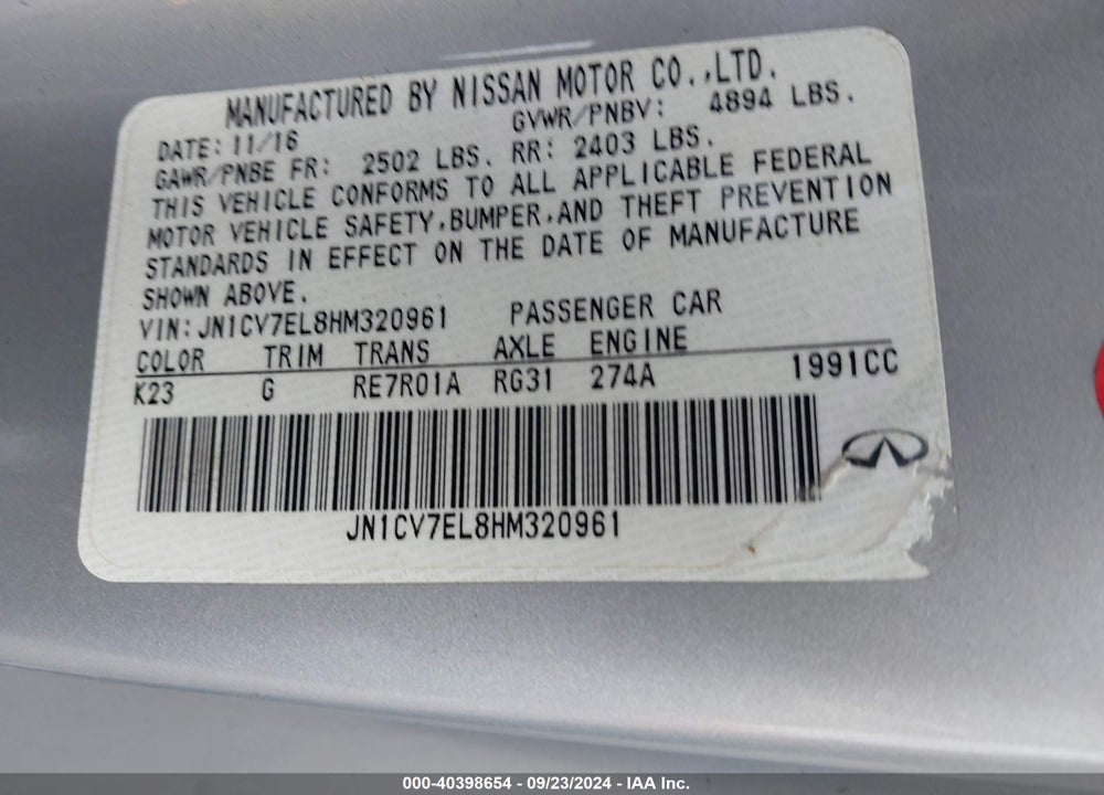 2017 INFINITI Q60 2.0T PREMIUM VIN: JN1CV7EL8HM320961