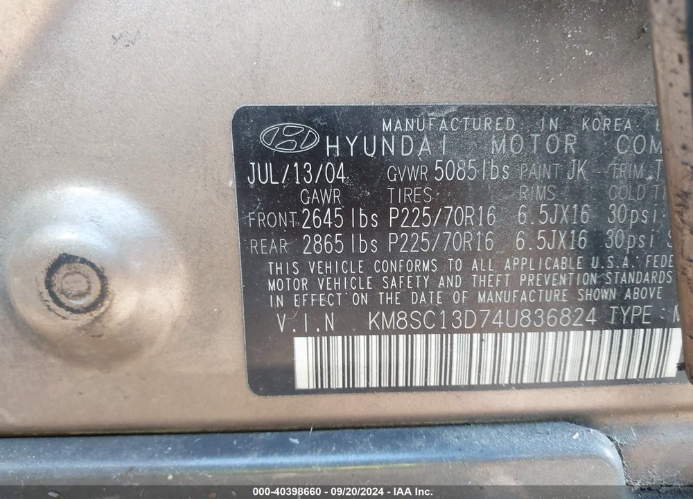 2004 HYUNDAI SANTA FE GLS VIN: KM8SC13D74U836824