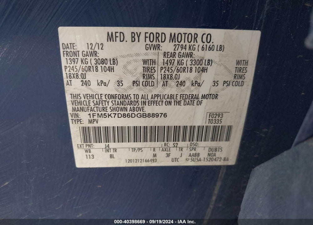 2013 FORD EXPLORER XLT VIN: 1FM5K7D86DGB88976