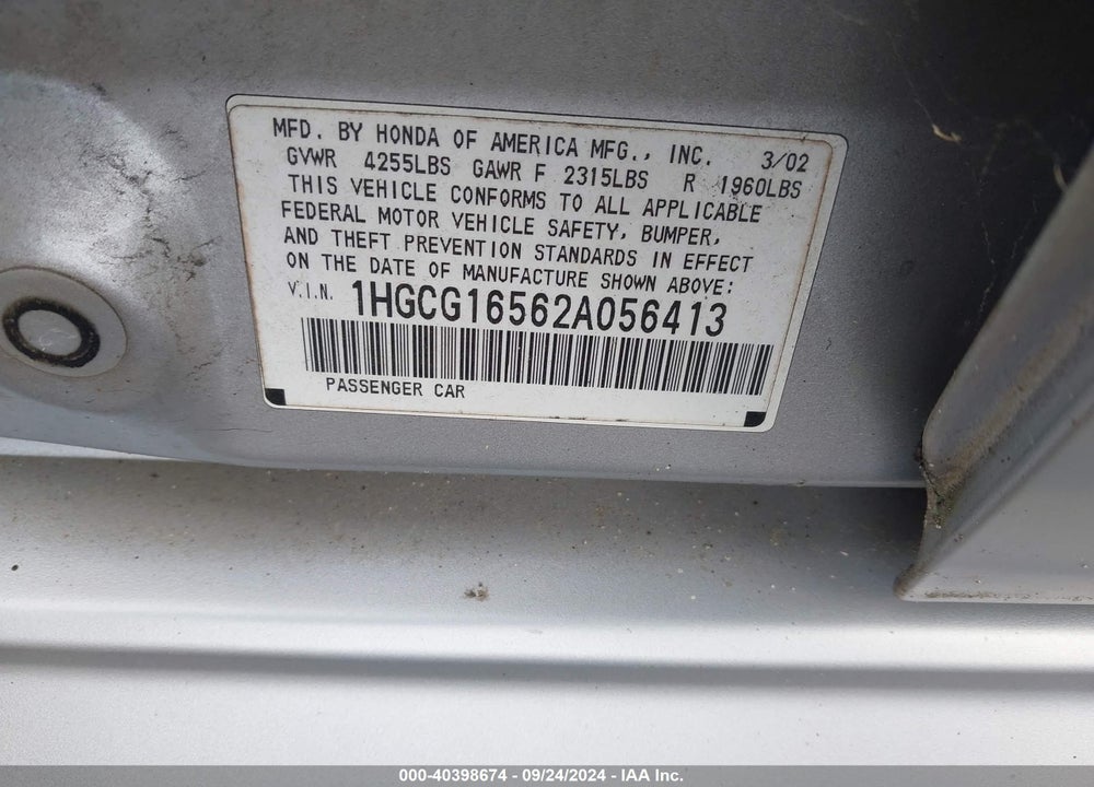 2002 HONDA ACCORD 3.0 EX VIN: 1HGCG16562A056413