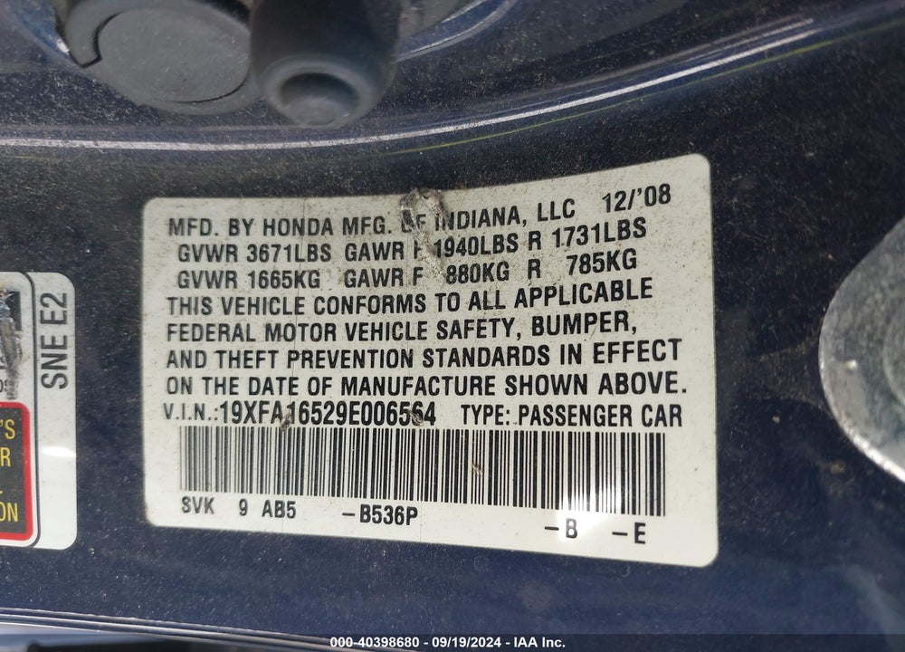 2009 HONDA CIVIC LX VIN: 19XFA16529E006564