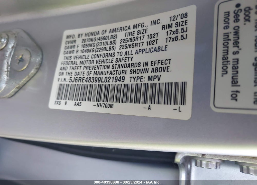2009 HONDA CR-V LX VIN: 5J6RE48399L021949