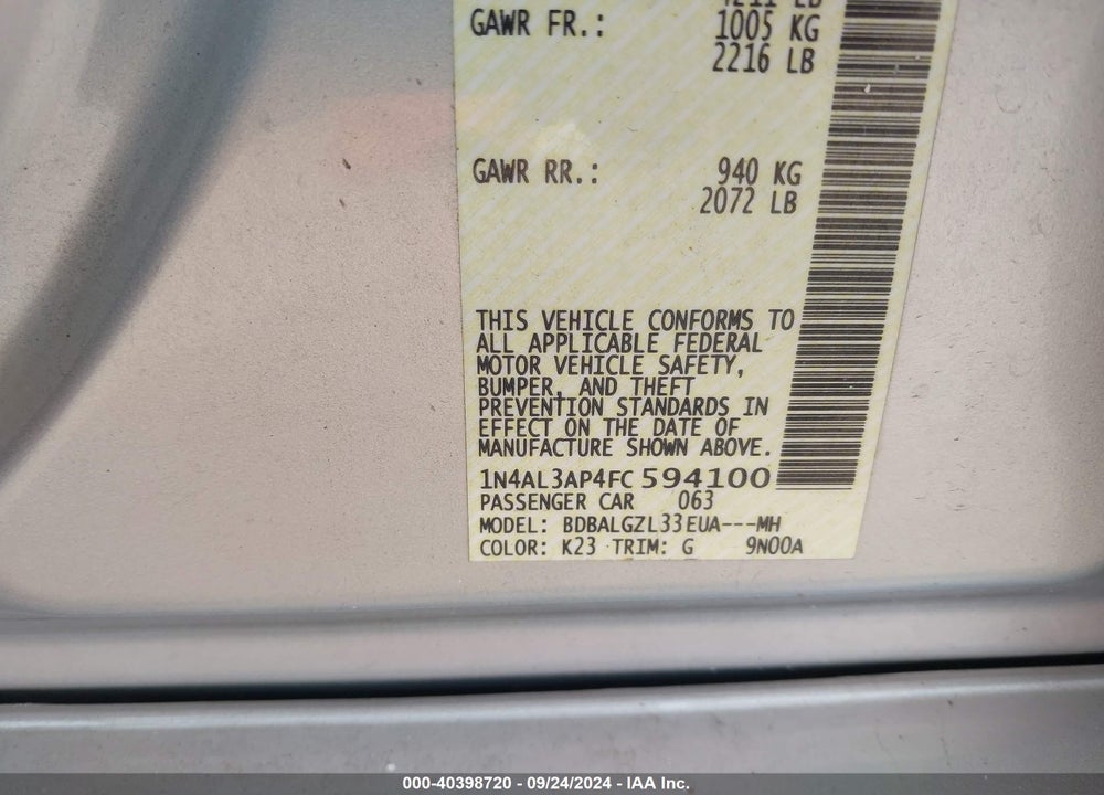 2015 NISSAN ALTIMA 2.5 S VIN: 1N4AL3AP4FC594100