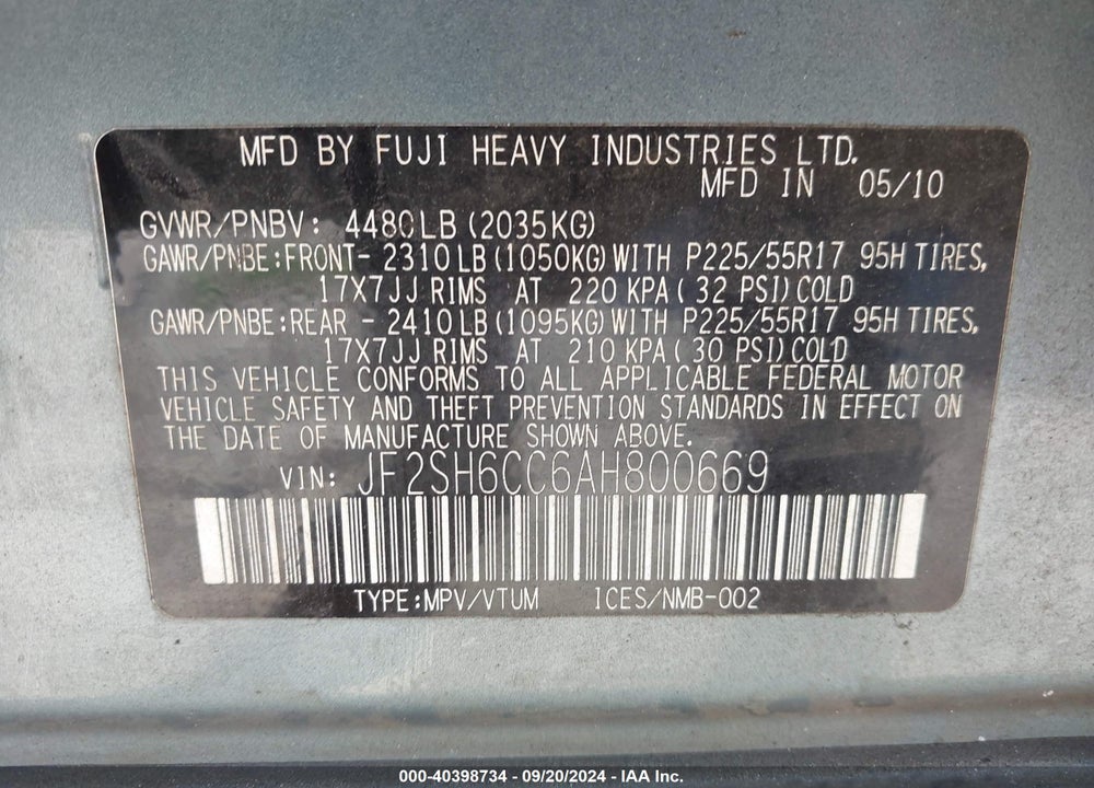2010 SUBARU FORESTER VIN: JF2SH6CC6AH800669