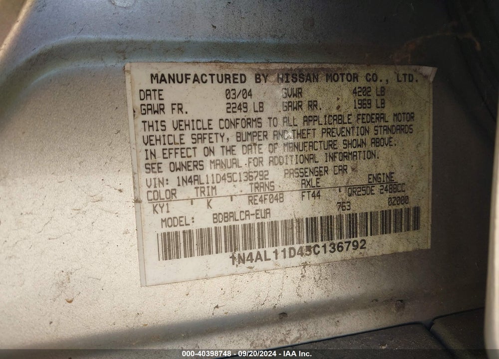 2005 NISSAN ALTIMA 2.5 S VIN: 1N4AL11D45C136792