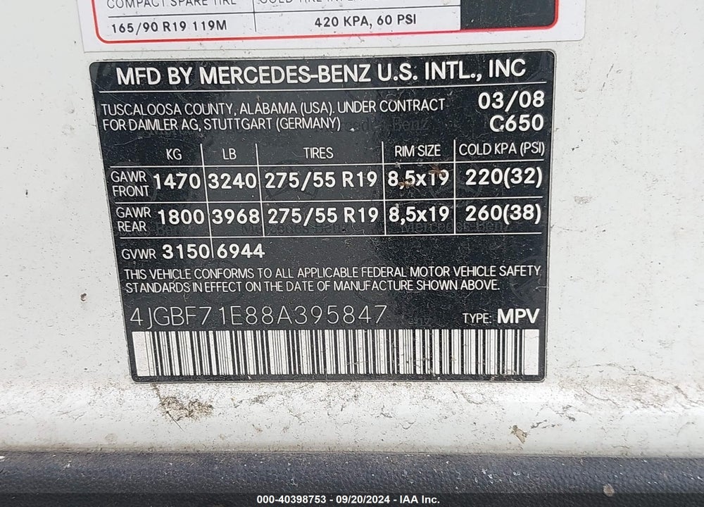 2008 MERCEDES-BENZ GL 450 4MATIC VIN: 4JGBF71E88A395847