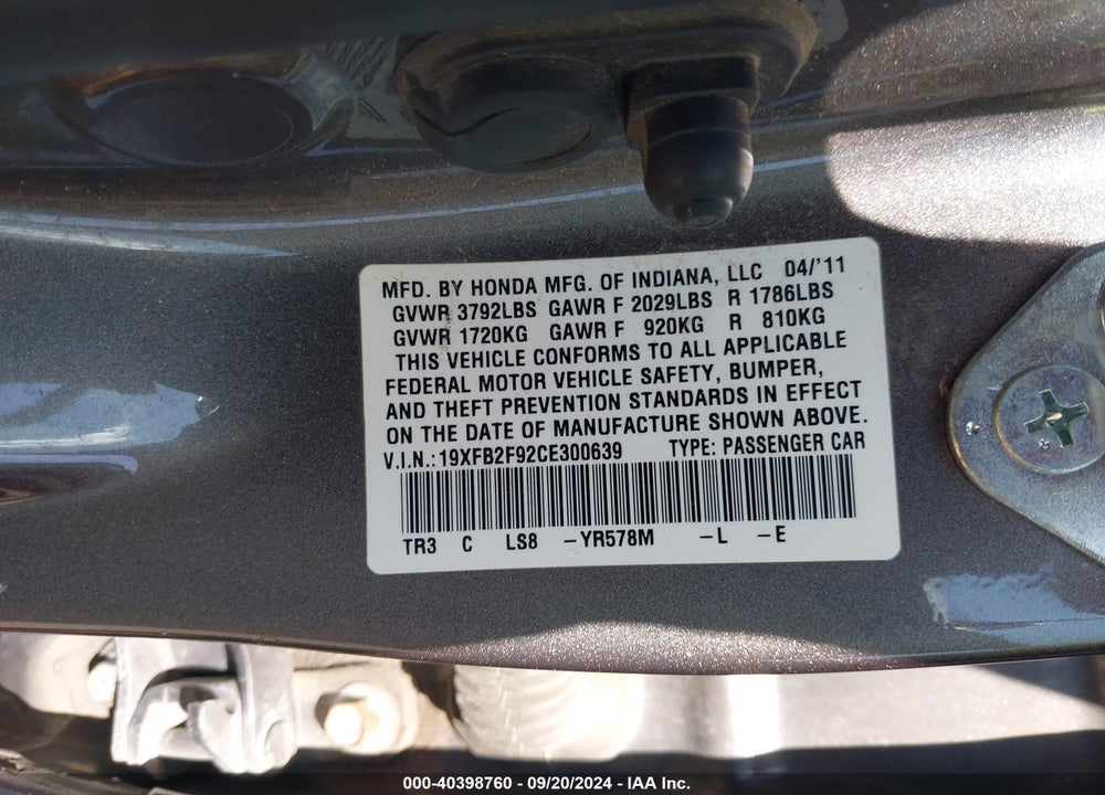 2012 HONDA CIVIC EX-L VIN: 19XFB2F92CE300639