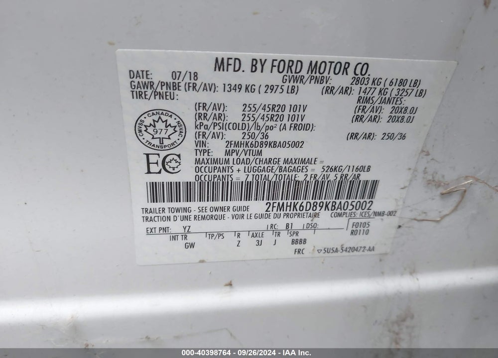 2019 FORD FLEX LIMITED VIN: 2FMHK6D89KBA05002