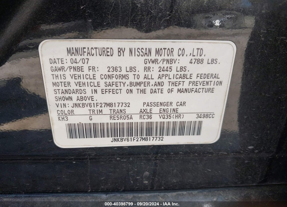 2007 INFINITI G35X VIN: JNKBV61F27M817732