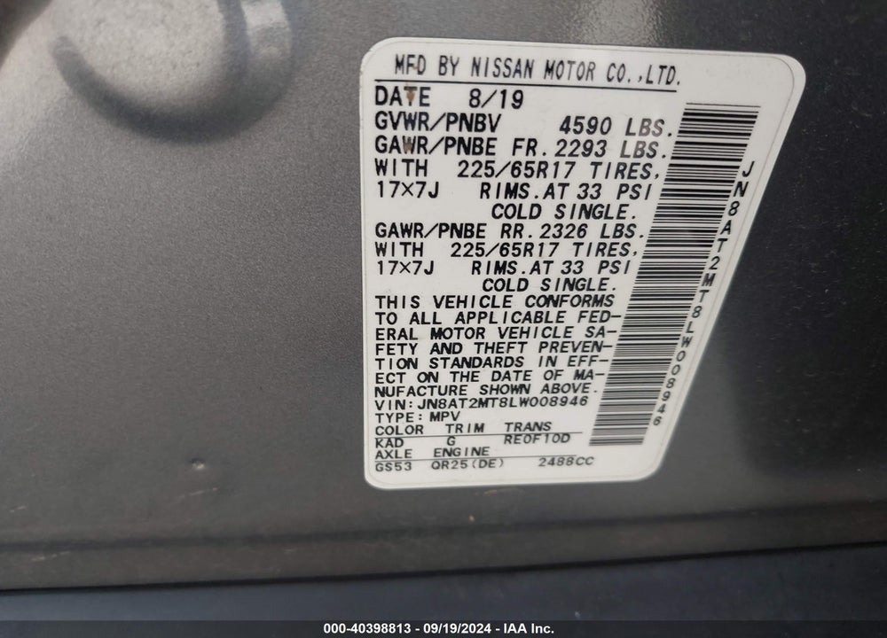 2020 NISSAN ROGUE SV FWD VIN: JN8AT2MT8LW008946