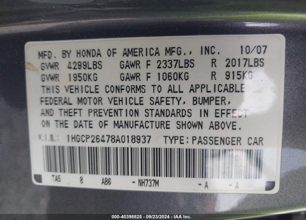 2008 HONDA ACCORD 2.4 LX-P VIN: 1HGCP26478A018937