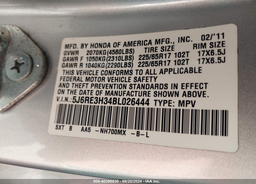 2011 HONDA CR-V LX VIN: 5J6RE3H34BL026444