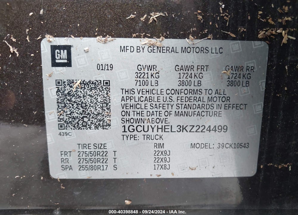 2019 CHEVROLET SILVERADO 1500 HIGH COUNTRY VIN: 1GCUYHEL3KZ224499