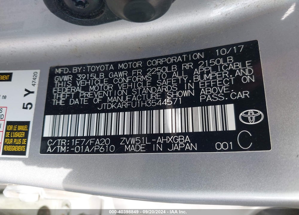 2017 TOYOTA PRIUS THREE VIN: JTDKARFU1H3544571