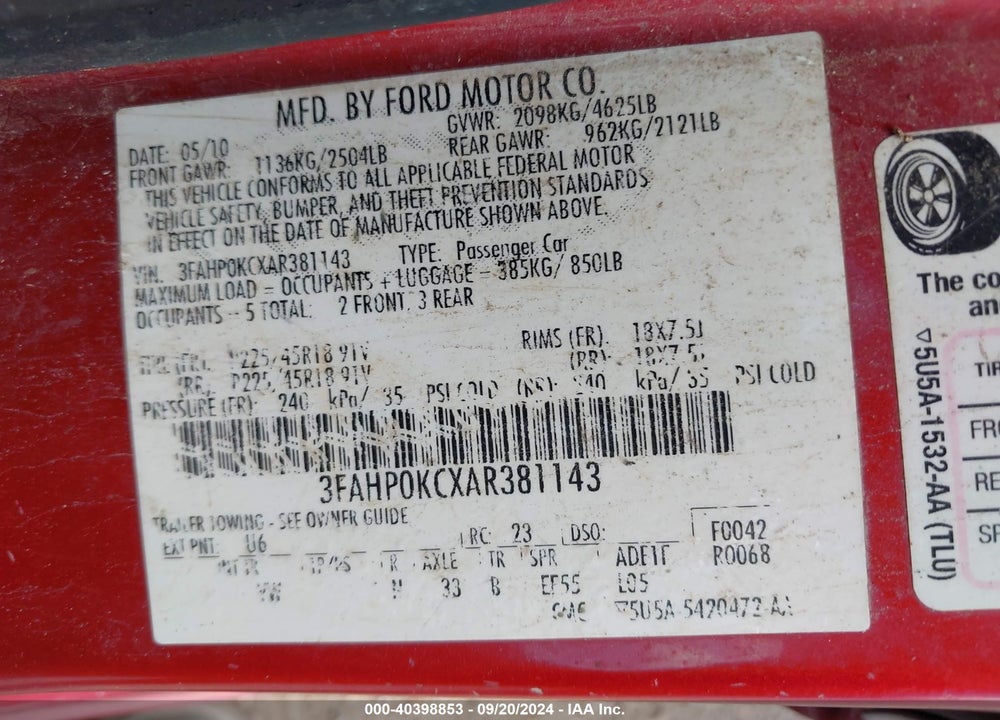 2010 FORD FUSION SPORT VIN: 3FAHP0KCXAR381143