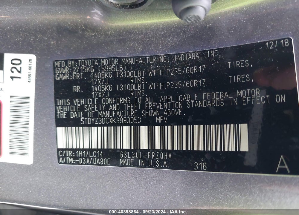 2019 TOYOTA SIENNA XLE 8 PASSENGER VIN: 5TDYZ3DCXKS993053