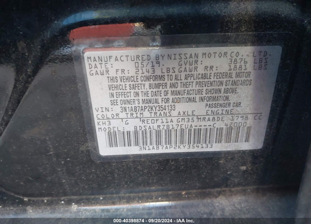 2019 NISSAN SENTRA SR VIN: 3N1AB7AP2KY354133
