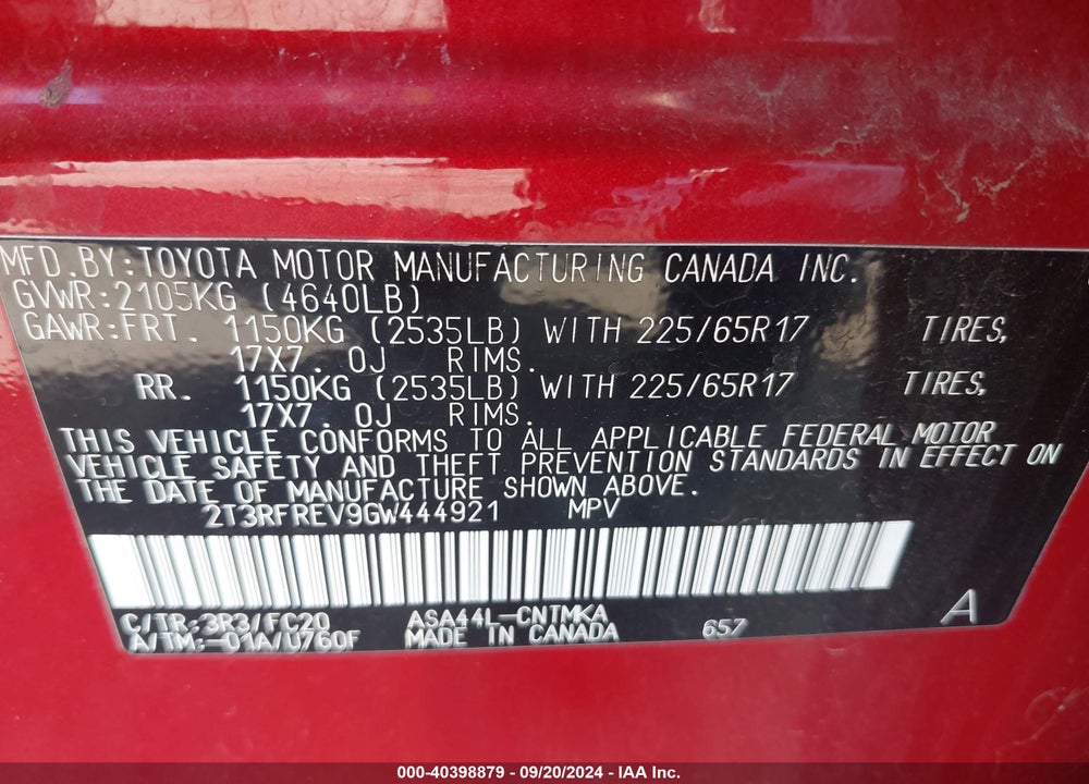 2016 TOYOTA RAV4 XLE VIN: 2T3RFREV9GW444921