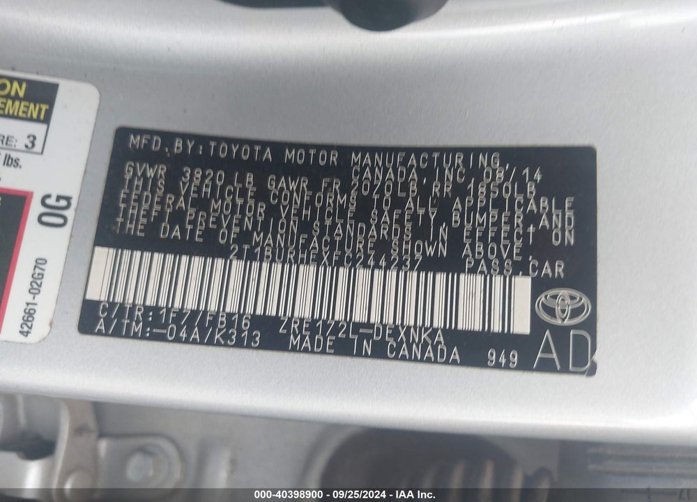 2015 TOYOTA COROLLA LE VIN: 2T1BURHEXFC244237