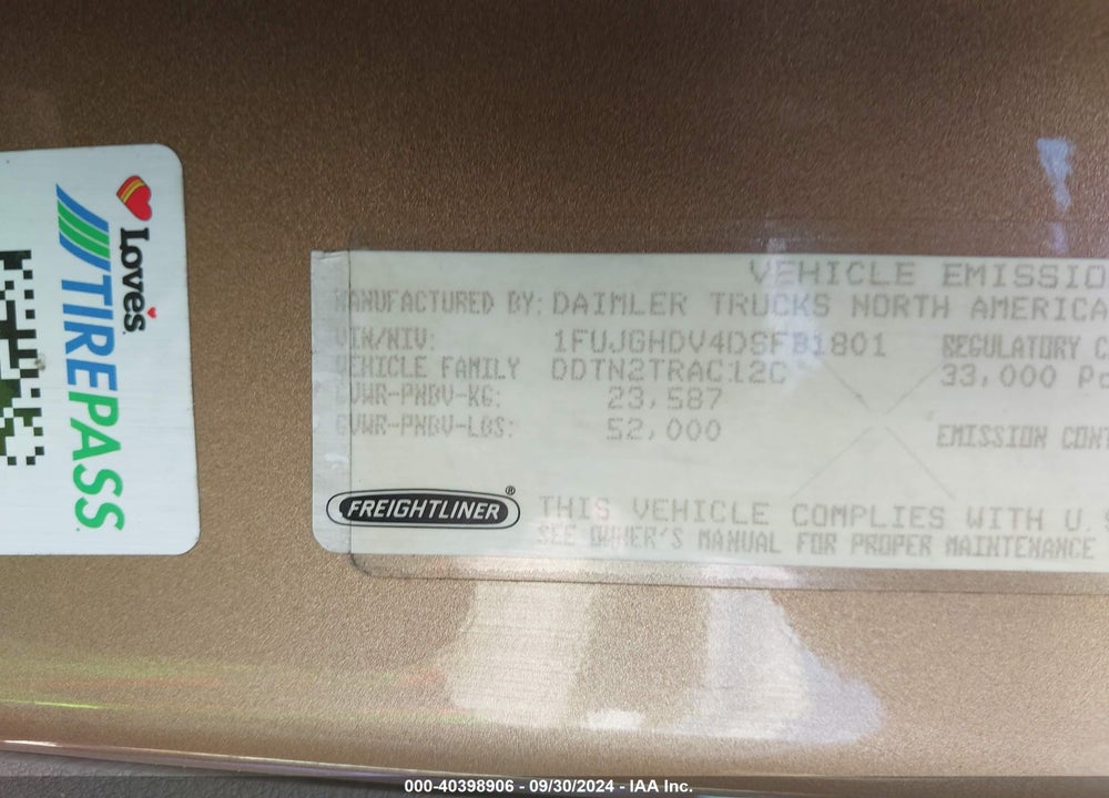 2013 FREIGHTLINER CASCADIA 113 VIN: 1FUJGHDV4DSFB1801