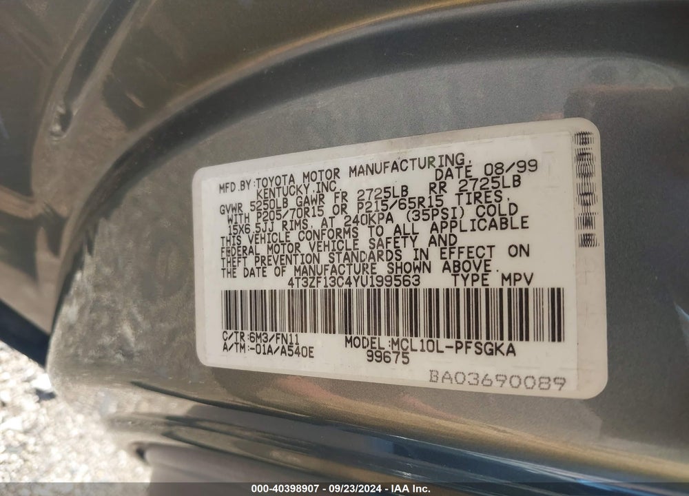 2000 TOYOTA SIENNA LE VIN: 4T3ZF13C4YU199563
