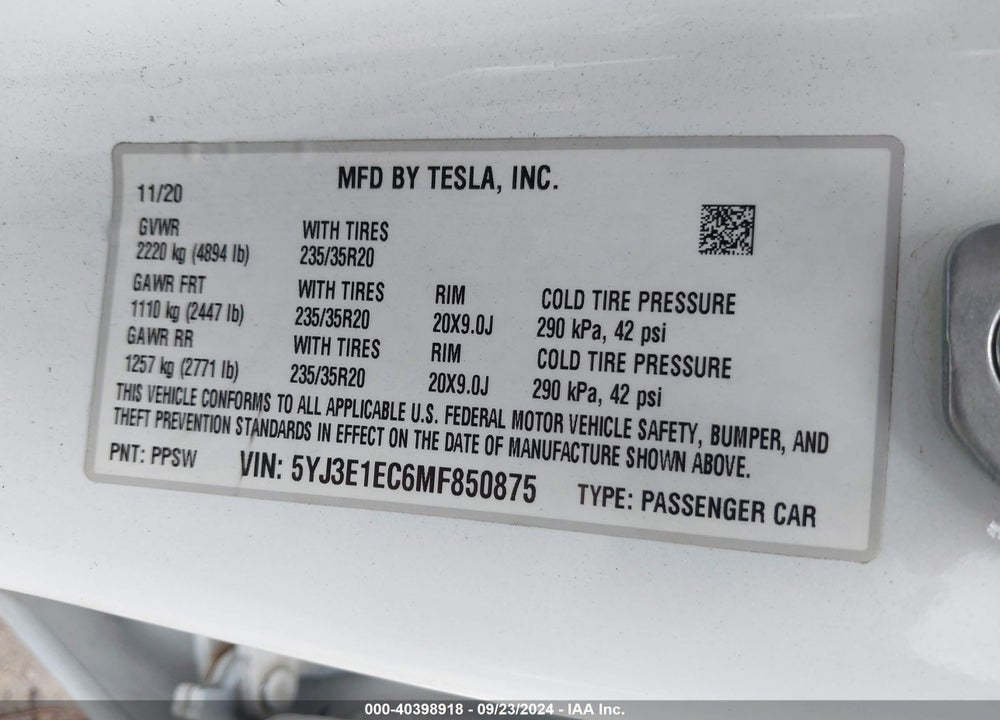 2021 TESLA MODEL 3 PERFORMANCE DUAL MOTOR ALL-WHEEL DRIVE VIN: 5YJ3E1EC6MF850875