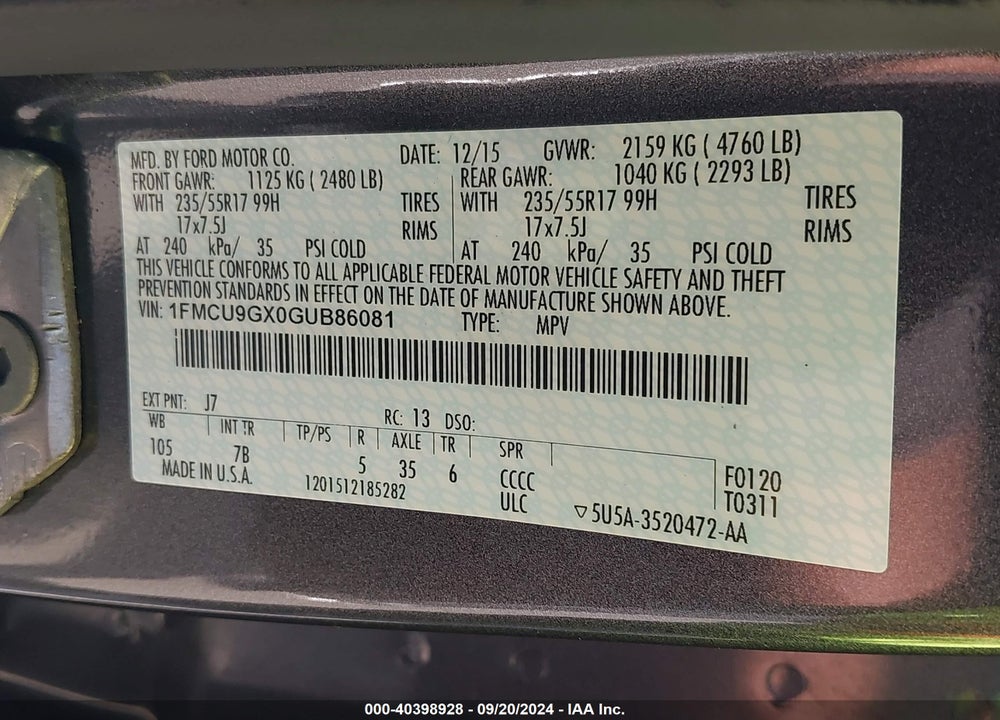 2016 FORD ESCAPE SE VIN: 1FMCU9GX0GUB86081