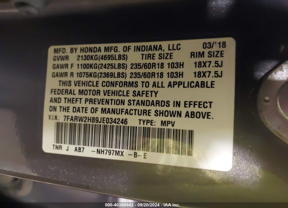 2018 HONDA CR-V EX-L/EX-L NAVI VIN: 7FARW2H89JE034246
