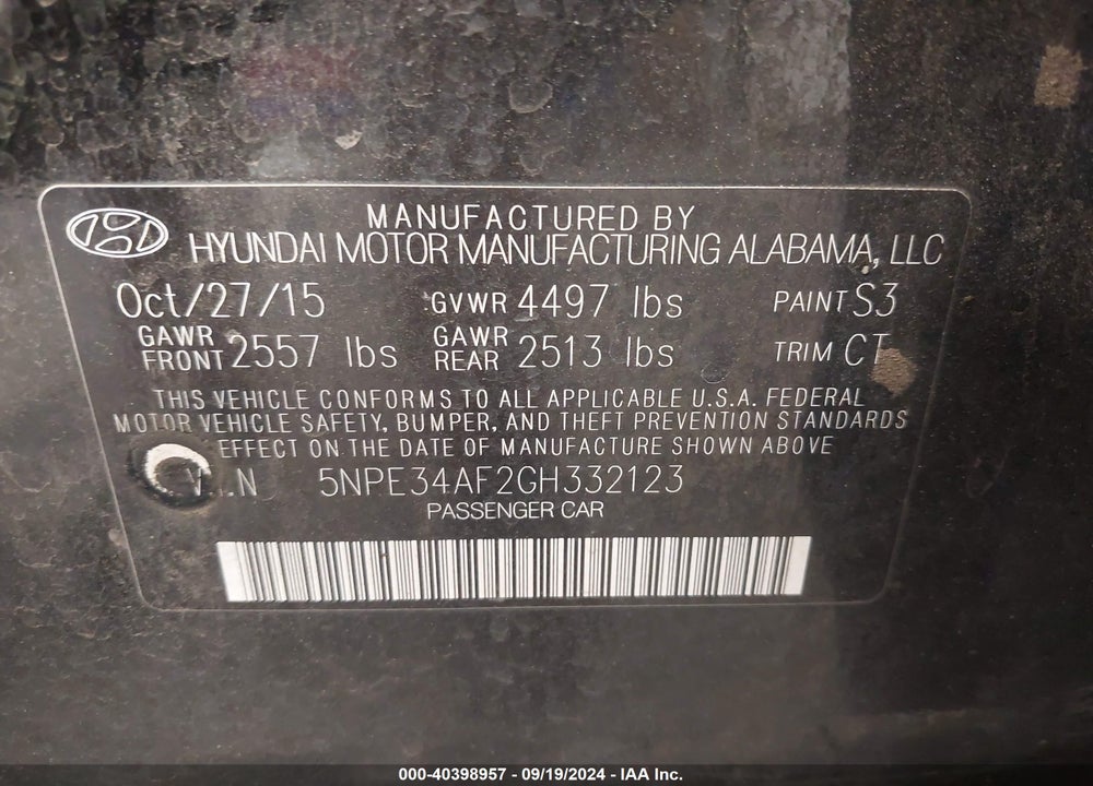 2016 HYUNDAI SONATA LIMITED VIN: 5NPE34AF2GH332123
