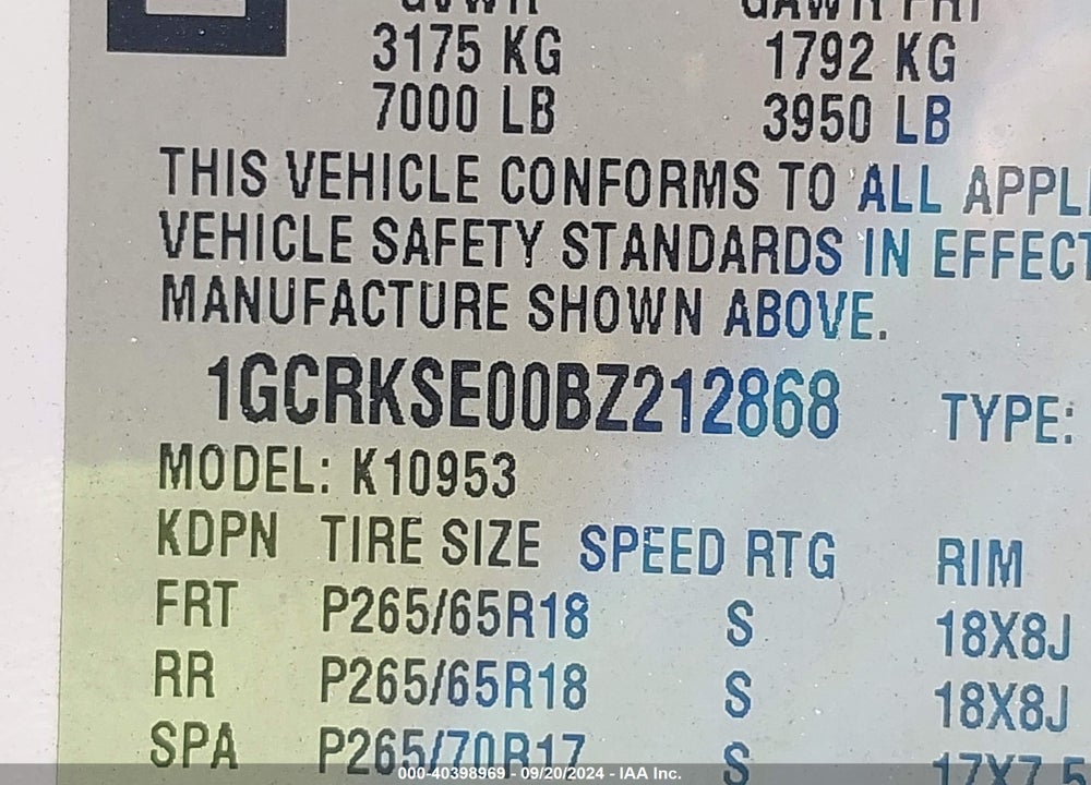 2011 CHEVROLET SILVERADO 1500 LT VIN: 1GCRKSE00BZ212868