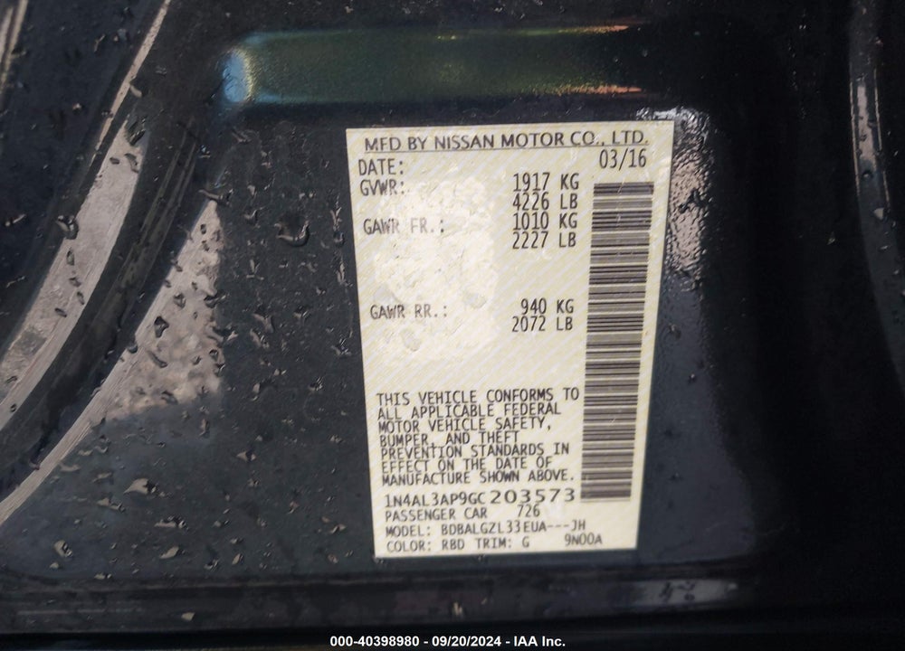 2016 NISSAN ALTIMA 2.5 S VIN: 1N4AL3AP9GC203573