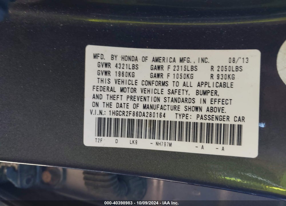 2013 HONDA ACCORD VIN: 1HGCR2F86DA280164