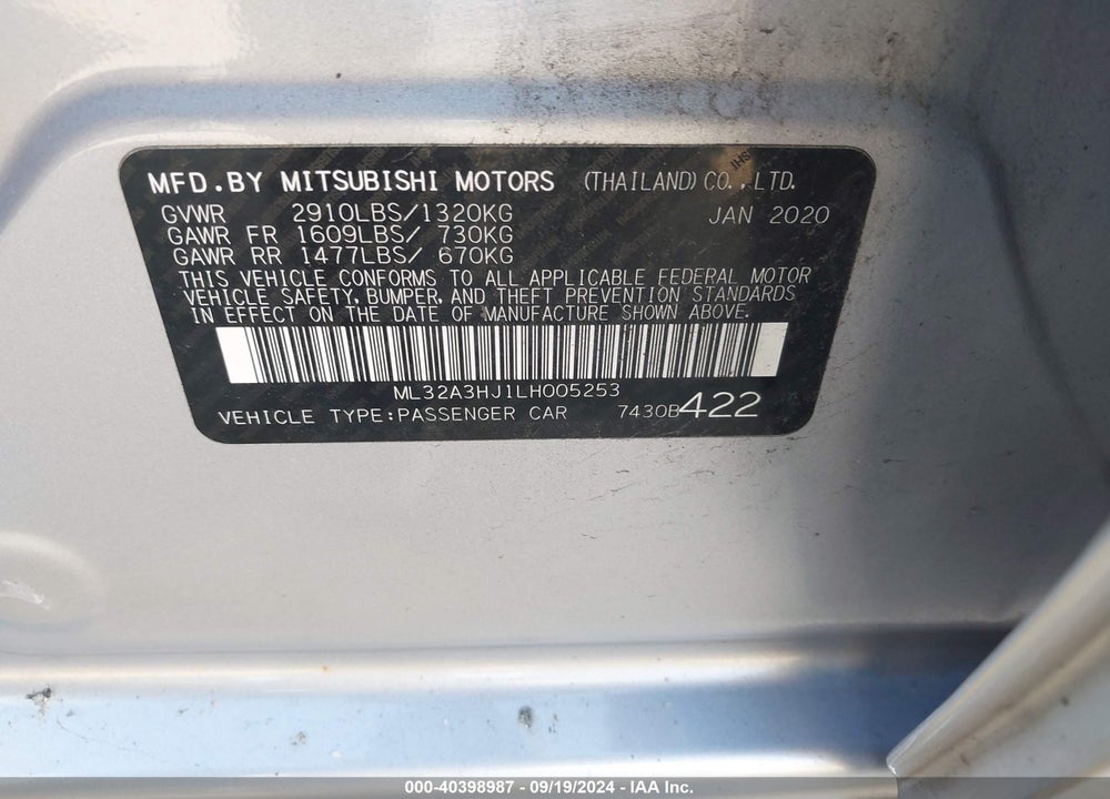 2020 MITSUBISHI MIRAGE ES VIN: ML32A3HJ1LH005253