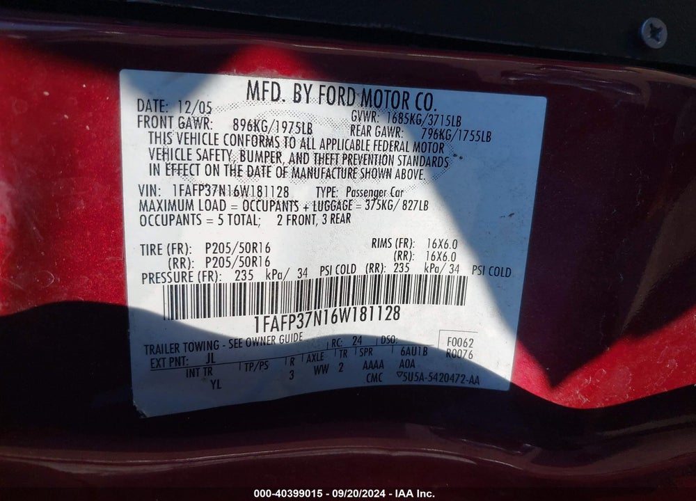 2006 FORD FOCUS ZX5 VIN: 1FAFP37N16W181128