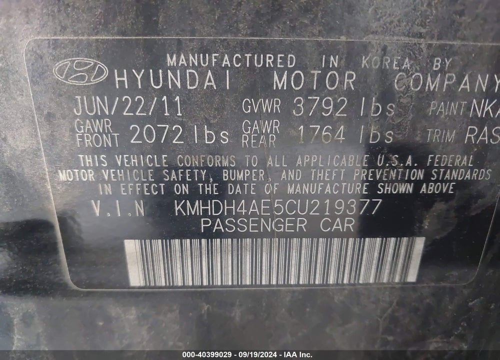 2012 HYUNDAI ELANTRA GLS (ULSAN PLANT) VIN: KMHDH4AE5CU219377