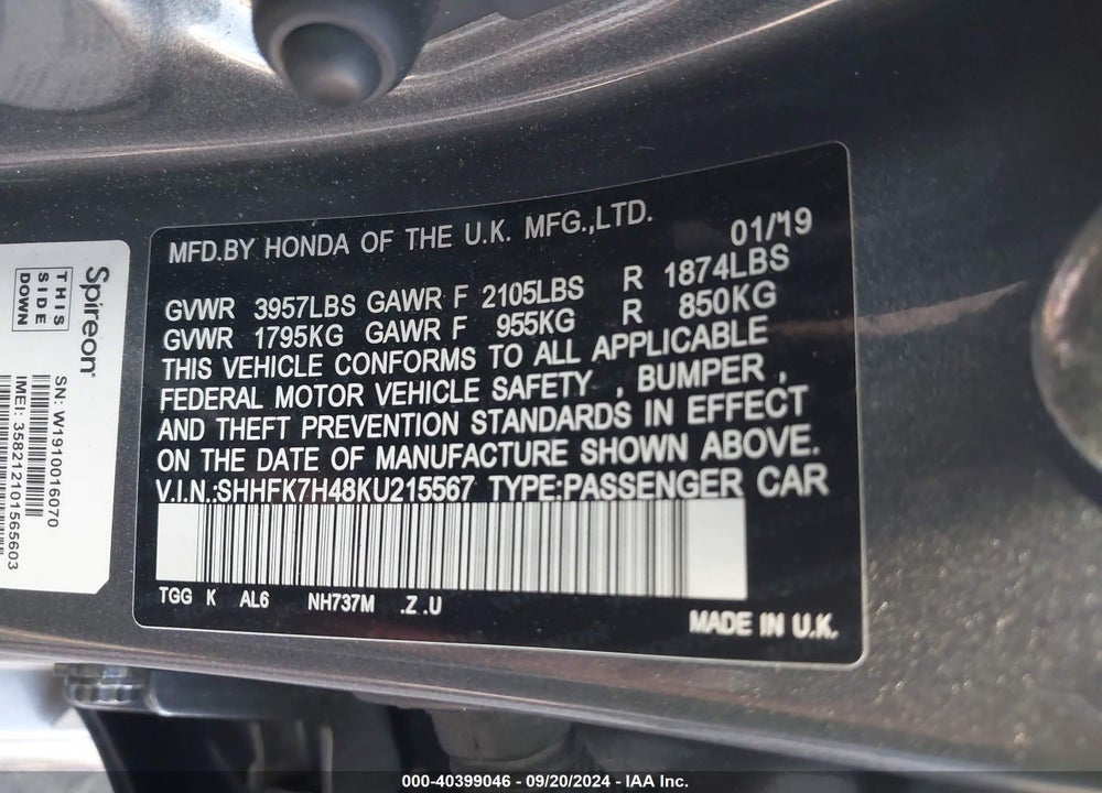 2019 HONDA CIVIC SPORT VIN: SHHFK7H48KU215567