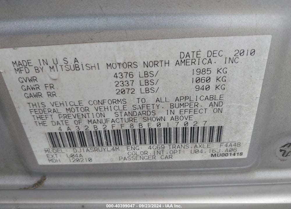 2011 MITSUBISHI GALANT VIN: 4A32B2FF8BE017027